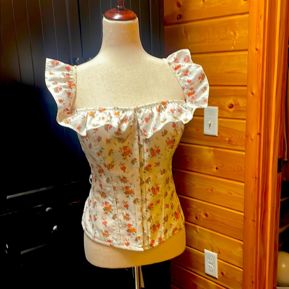 Cream Ruffled Bustier Blouse with Floral Print